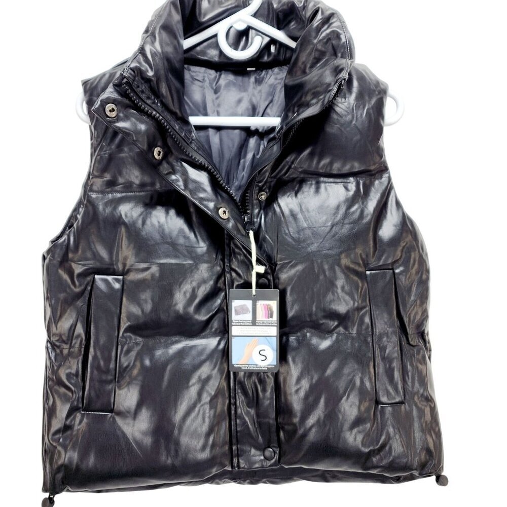 Black Faux Leather Puffer Vest With Pockets Womens Size S